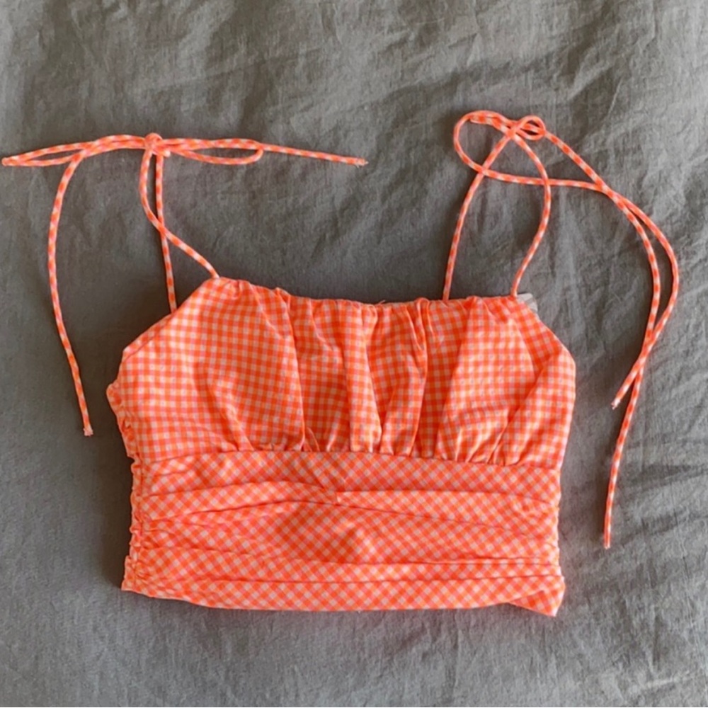 Zara Orange Gingham Plaid Cropped Tie Top